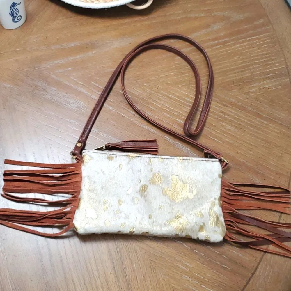 WILD GOOSE WOMEN'S HAIR ON HIDE LEATHER WRISTLET IVORY GOLD BROWN LEATHER FRINGE